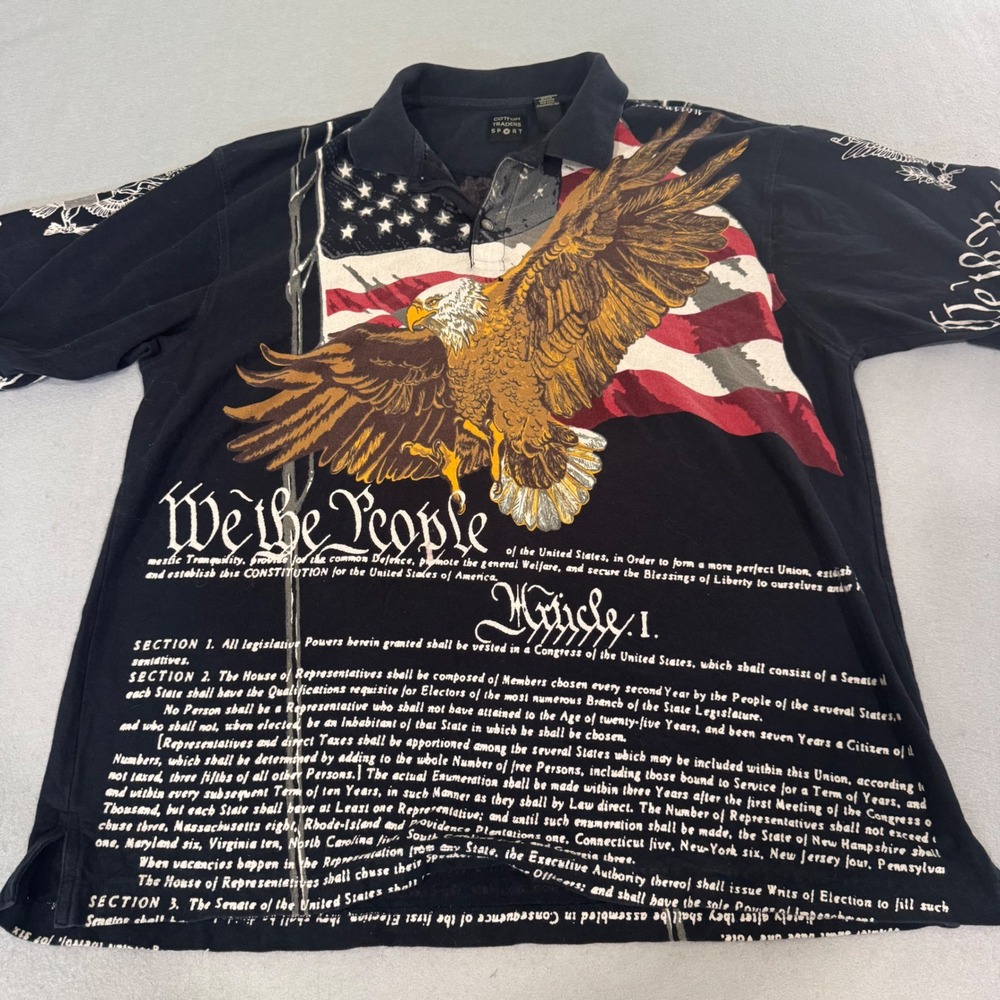 Cotton Traders Sport Polo Shirt Mens XXL Black We The People Eagle Flag Graphic